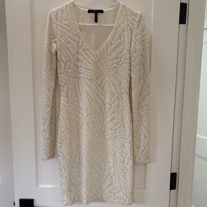 BCBGMaxAzria Cream Textured Sequin Long Sleeve Dress